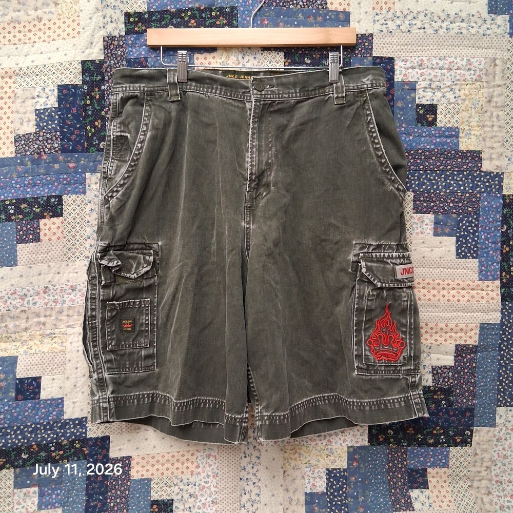 Vintage JNCO Jeans Cargo Shorts Size 38 Olive Green Flame Crown